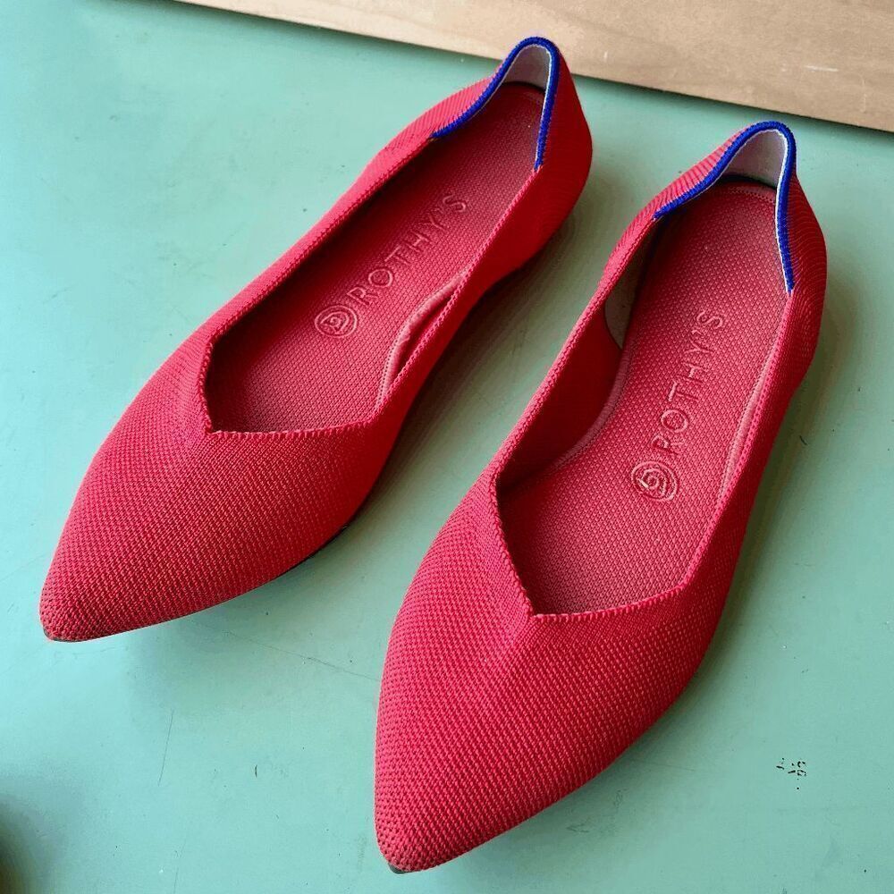 Rothy’s The Point Flats – Coral Knit with Blue Trim, Washable, Size 9